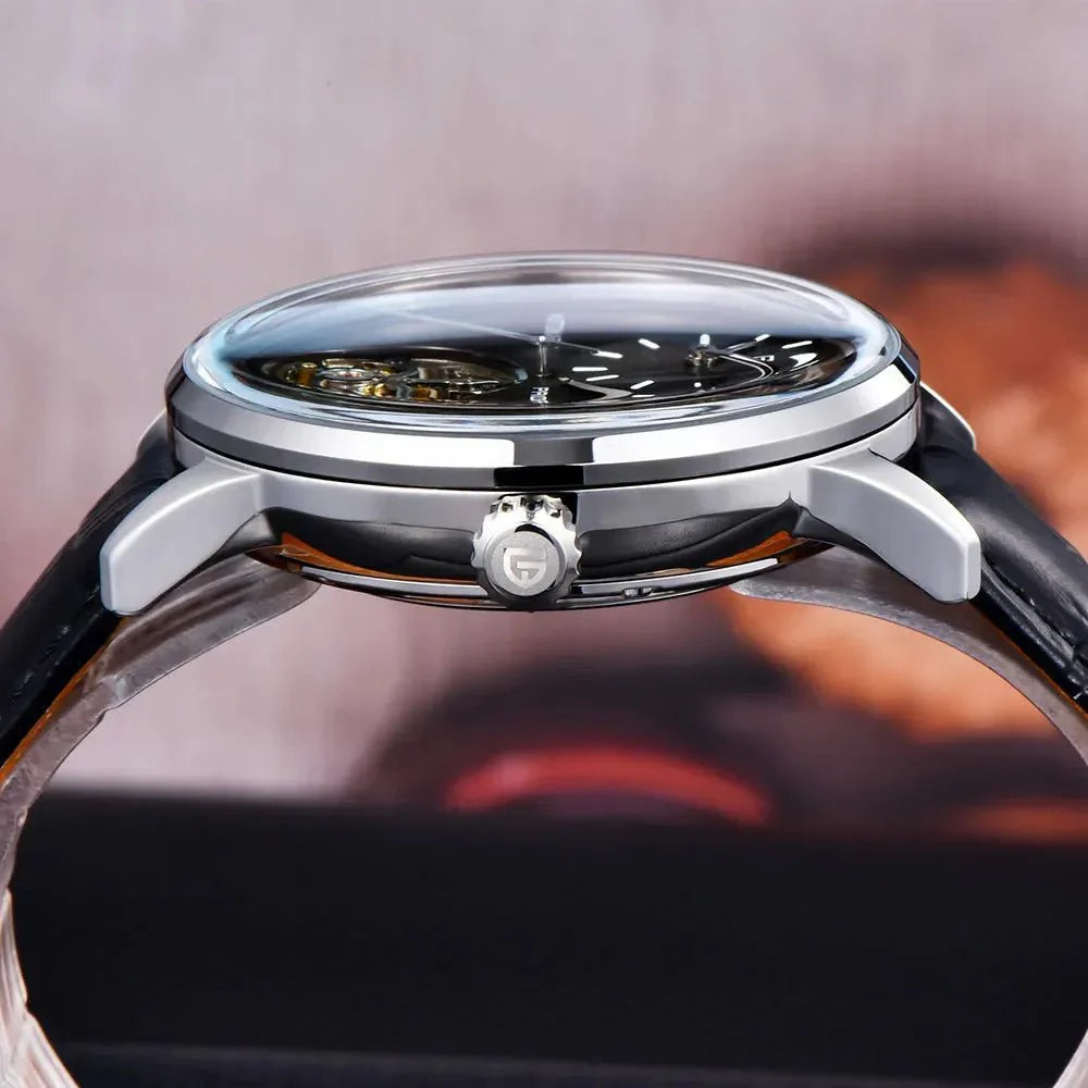 Pagani Design PD-1796 side profile with signed crown, showing slim case and strap fit