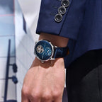 PAGANI DESIGN PD-1796 tourbillon men's watch with blue dial on blue leather strap, wrist shot