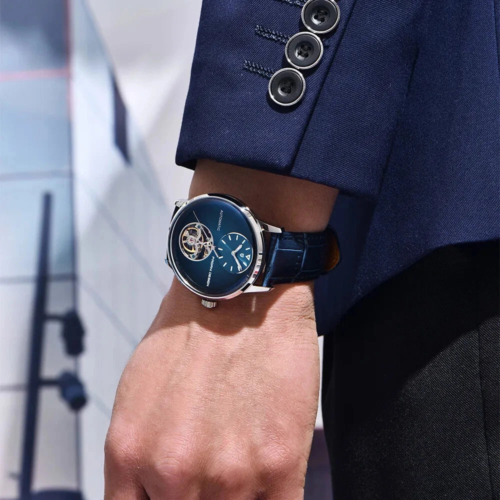 PAGANI DESIGN PD-1796 tourbillon men's watch with blue dial on blue leather strap, wrist shot