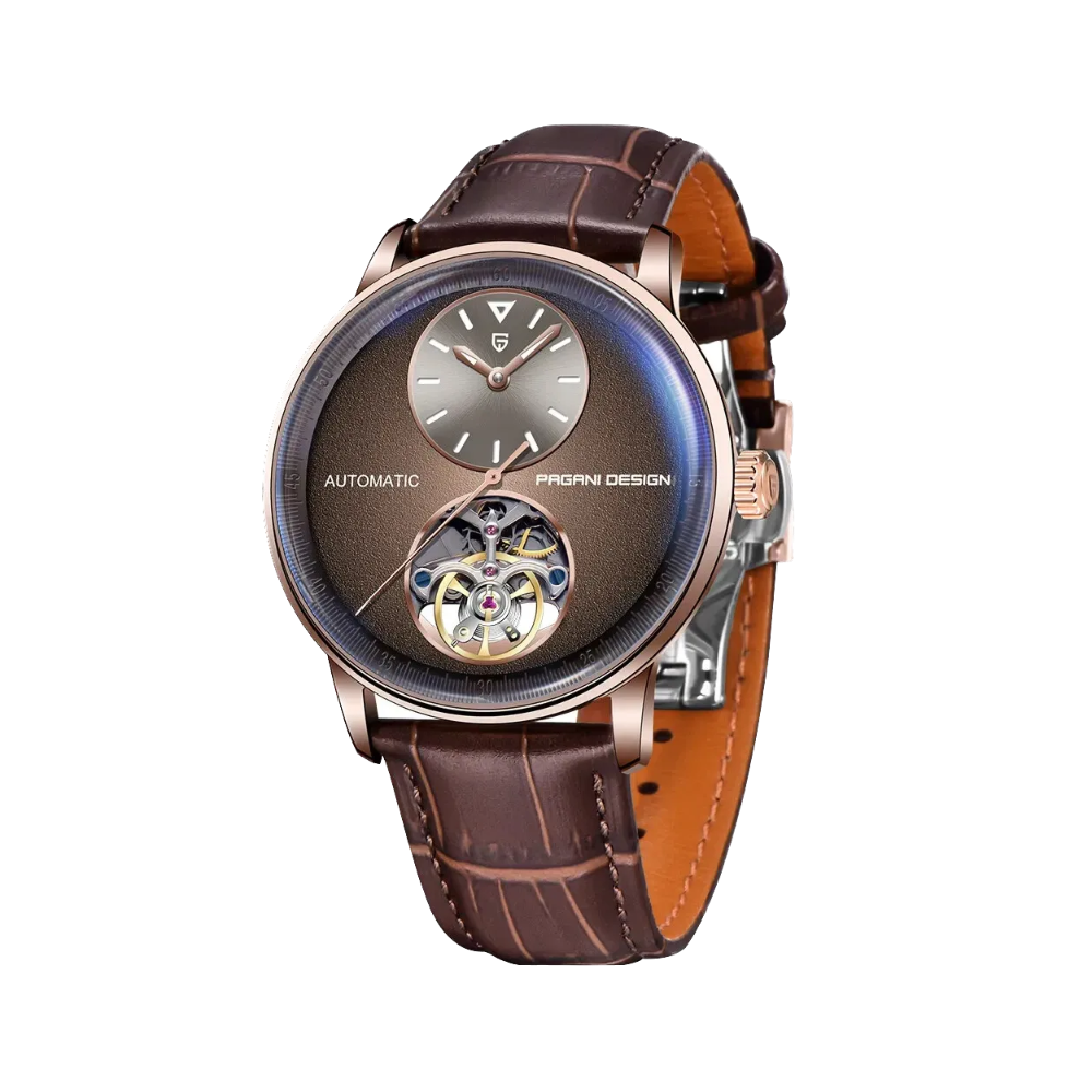PAGANI DESIGN PD-1796 tourbillon watch with rose gold case and brown dial, front view
