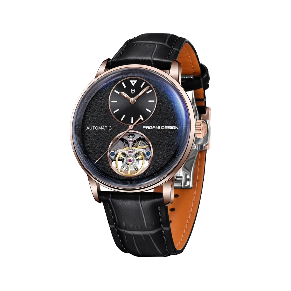 PAGANI DESIGN PD-1796 tourbillon watch with rose gold case and black dial, front view