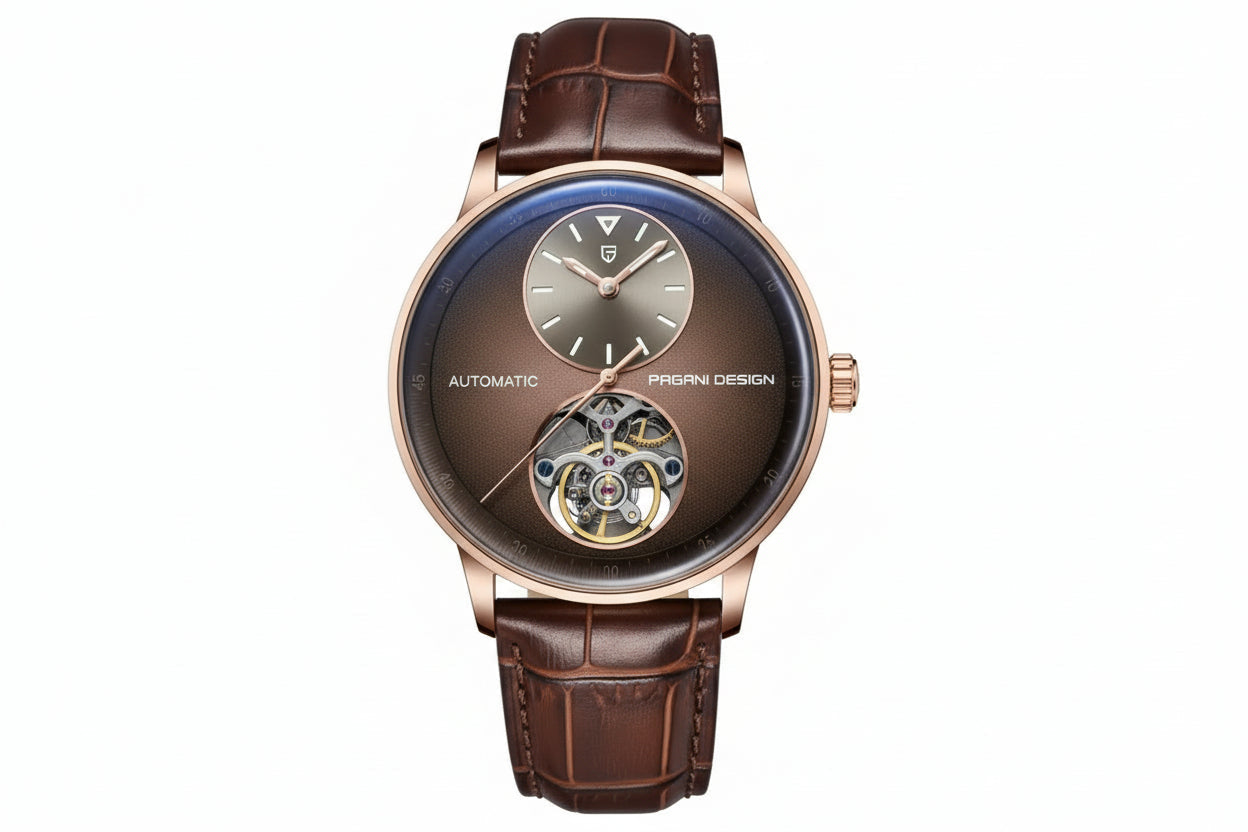 PAGANI DESIGN PD-1796 tourbillon watch in rose gold with brown dial and leather strap, front