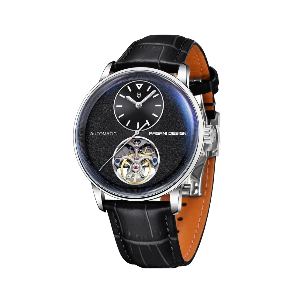 PAGANI DESIGN PD-1796 tourbillon watch with silver case and black dial on leather, front