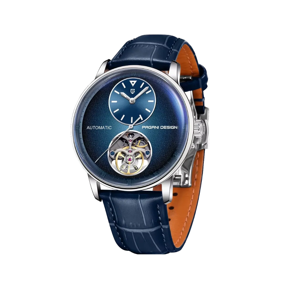 PAGANI DESIGN PD-1796 tourbillon watch with silver case and blue dial on leather, front