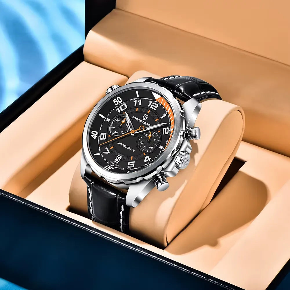 PAGANI DESIGN PD-1811 sports chronograph with black dial displayed in gift box