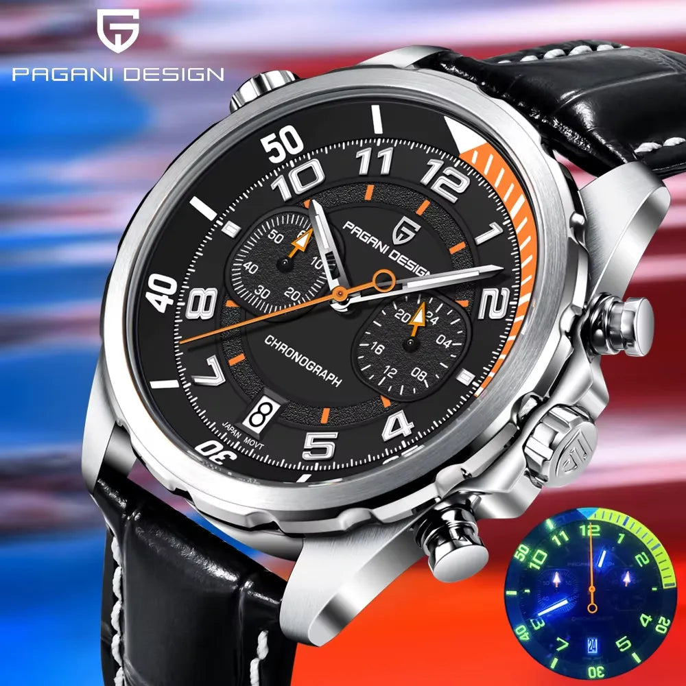 PAGANI DESIGN PD-1811 sports chronograph black dial detail with lume display