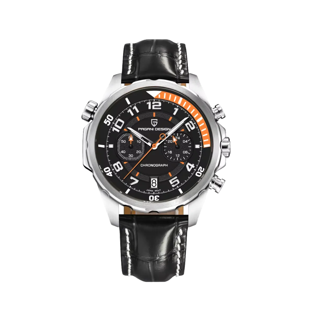 PAGANI DESIGN PD-1811 sports chronograph with silver case, black dial and leather strap, front view