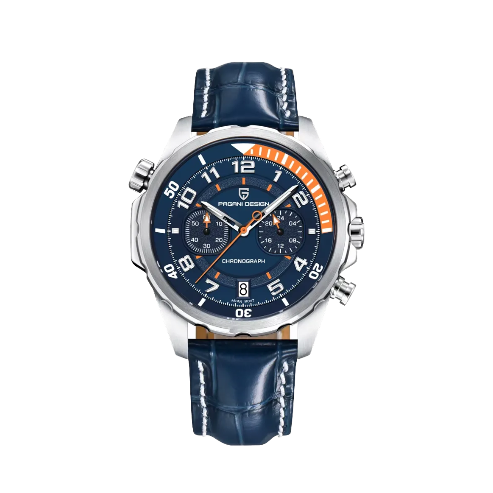 PAGANI DESIGN PD-1811 sports chronograph with silver case, blue dial and leather strap, front view