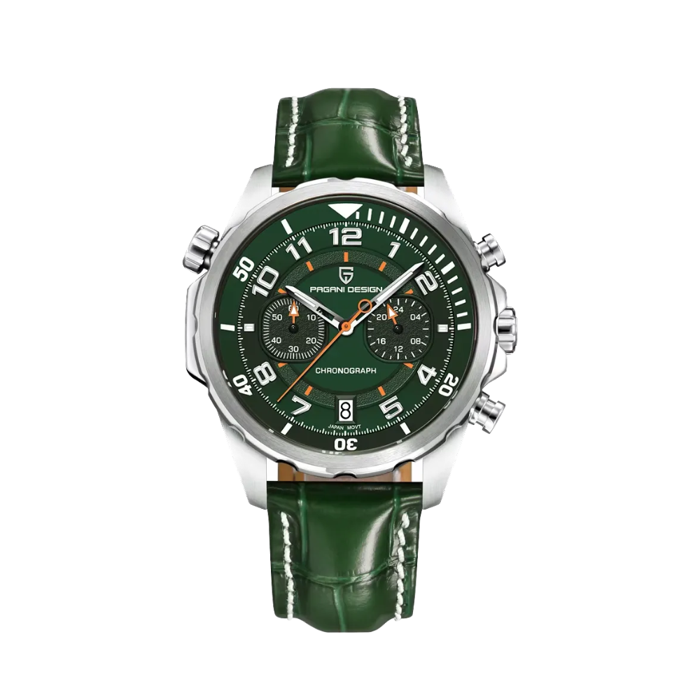 PAGANI DESIGN PD-1811 sports chronograph with silver case and green dial, front view