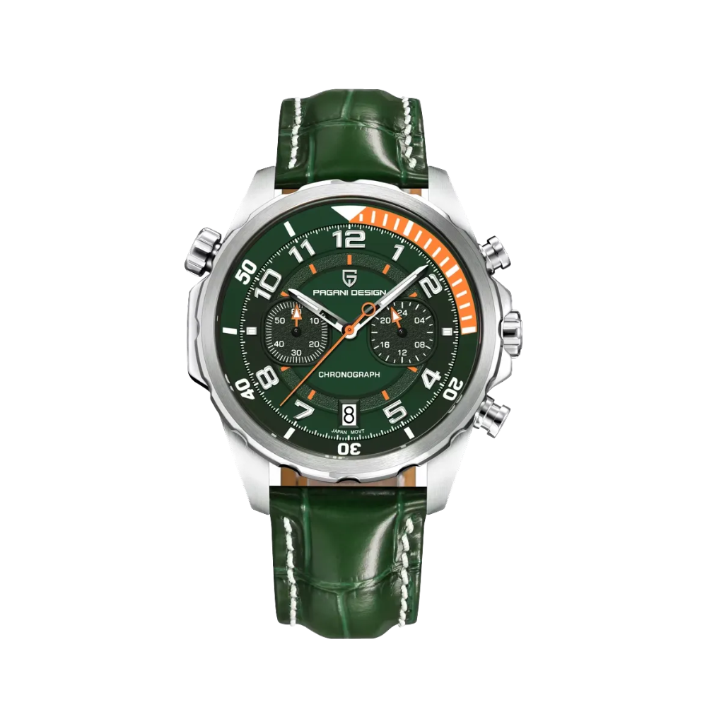 PAGANI DESIGN PD-1811 sports chronograph with silver case, green dial and leather strap, front view