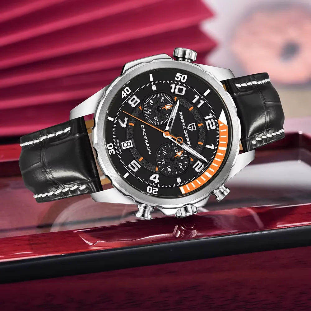 PAGANI DESIGN PD-1811 multifunctional sports watch with black orange dial on leather strap, side