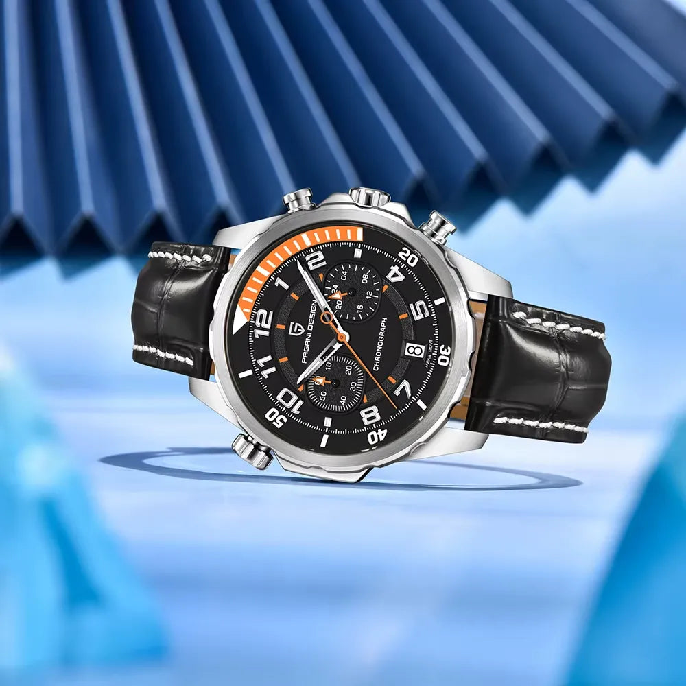 PAGANI DESIGN PD-1811 multifunctional sports watch with black orange dial on leather strap, front