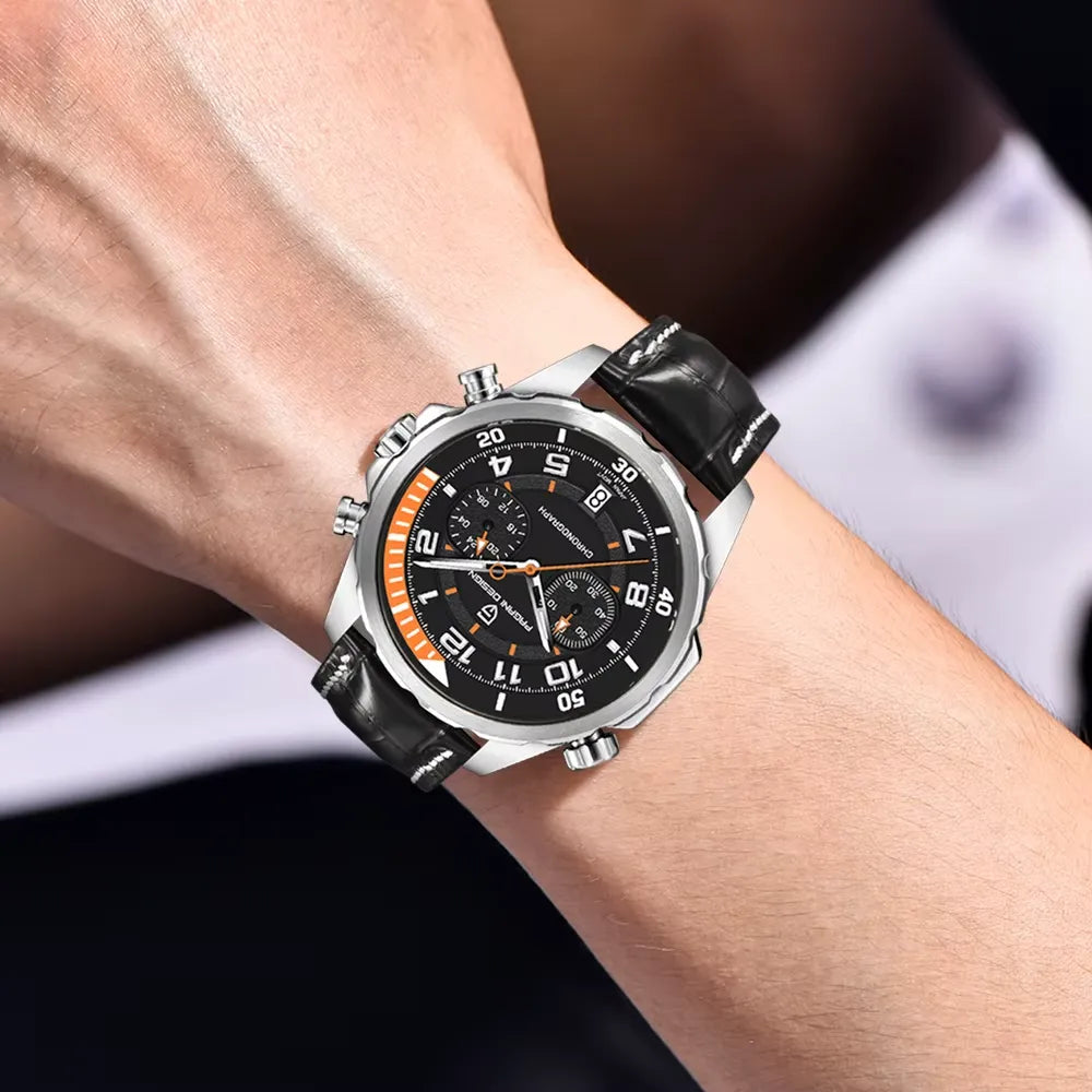 PAGANI DESIGN PD-1811 multifunctional sports watch with black dial on leather strap, wrist shot