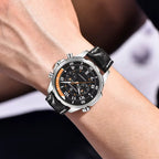 PAGANI DESIGN PD-1811 multifunctional sports watch with black dial on leather strap, wrist shot
