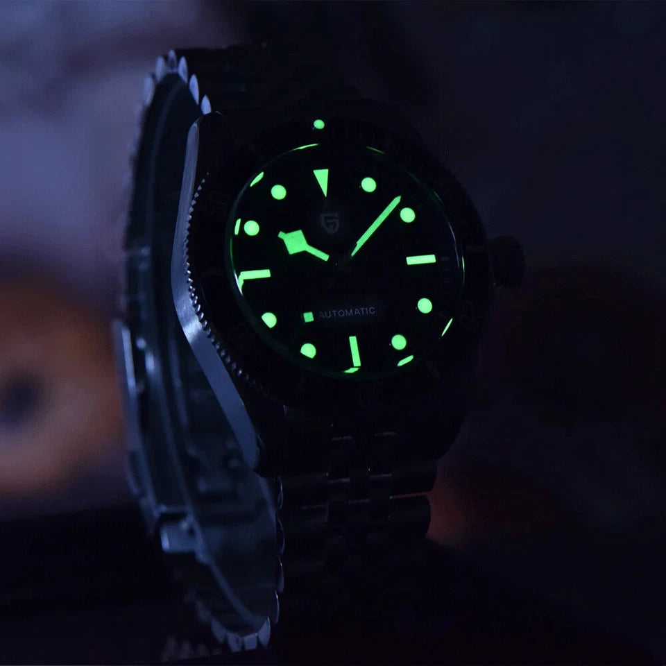 PAGANI DESIGN PD-1812 automatic men's watch lume glow detail with green luminous markers