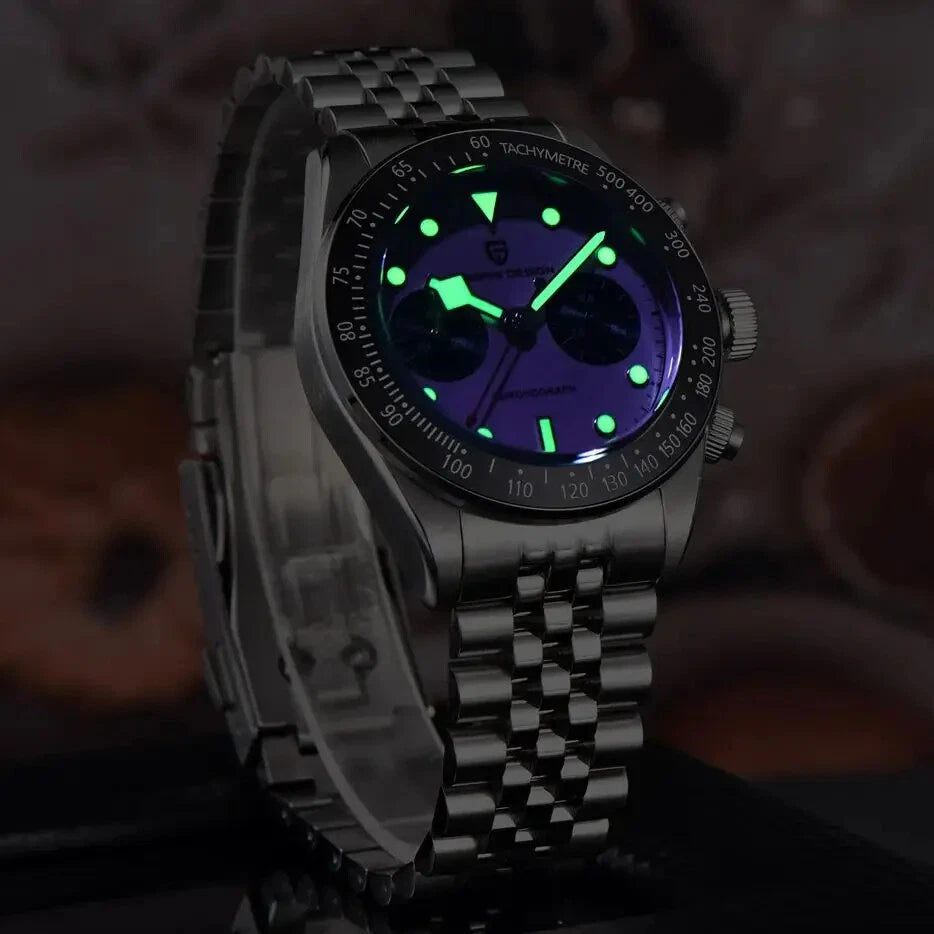 PAGANI DESIGN PD-1813 BB Flamingo chronograph watch lume glow detail in low light