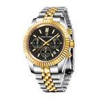 PAGANI DESIGN PD-1814 rattrapante watch with black dial and two-tone bracelet, front view