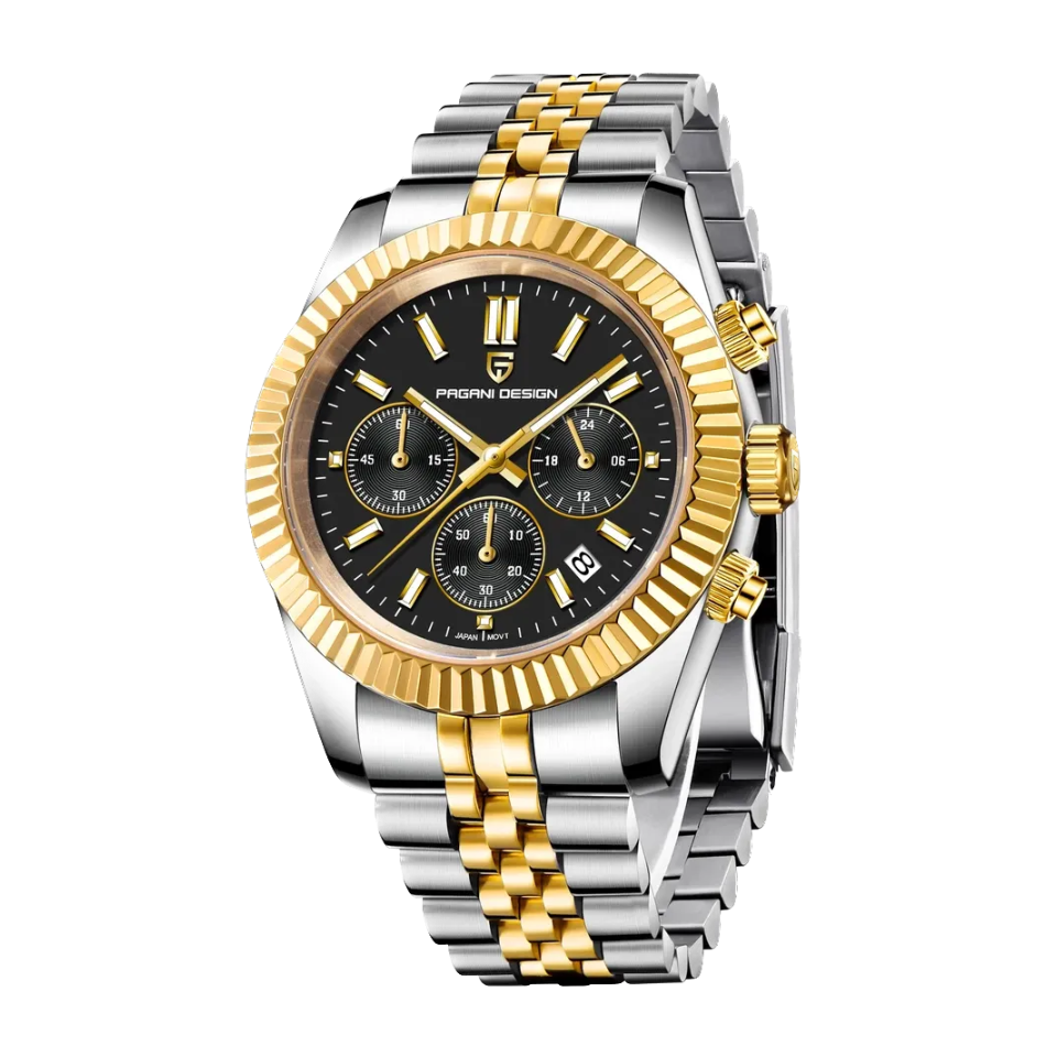 PAGANI DESIGN PD-1814 rattrapante watch with black dial and two-tone bracelet, front view