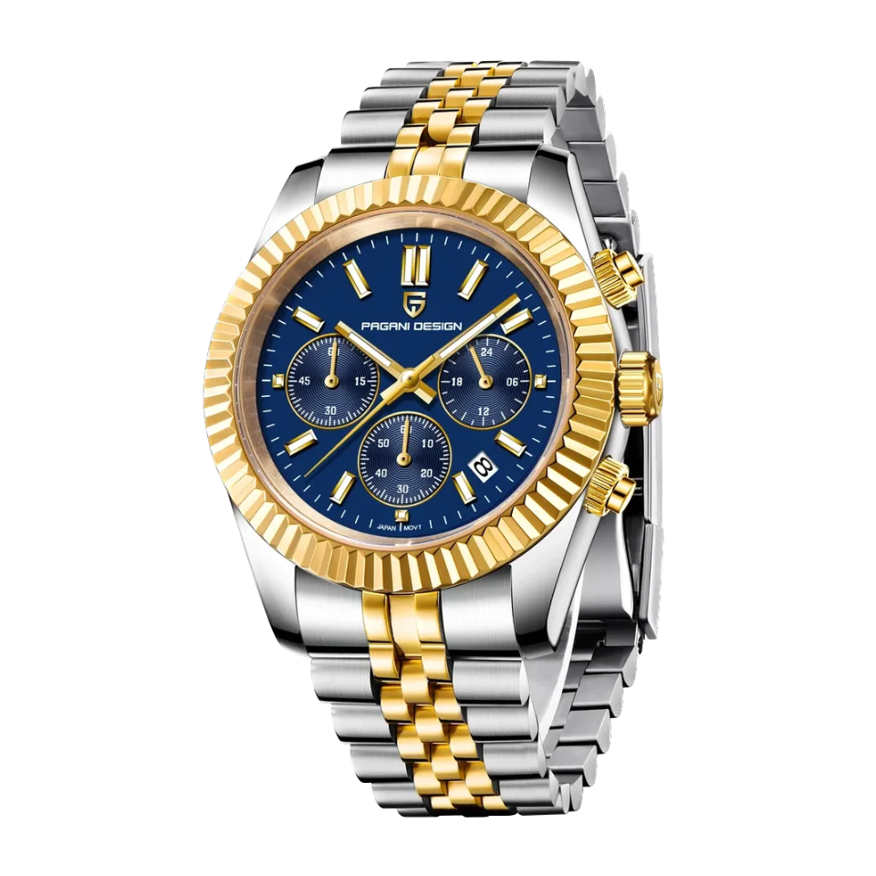 PAGANI DESIGN PD-1814 rattrapante watch with blue dial and two-tone bracelet, front view