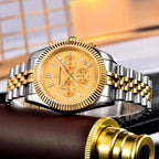 PAGANI DESIGN PD-1814 rattrapante men's watch with gold dial on two-tone steel jubilee bracelet, front view
