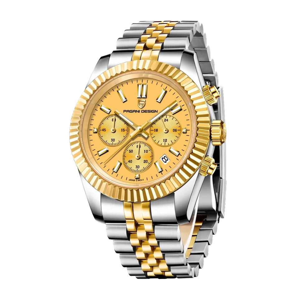 PAGANI DESIGN PD-1814 rattrapante chronograph with gold dial and two-tone bracelet, front