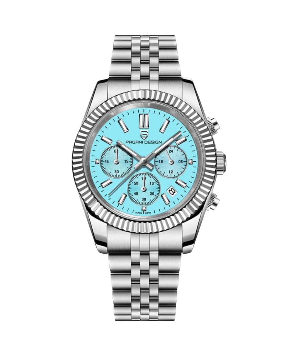PAGANI DESIGN PD-1814 rattrapante chronograph with sky blue dial, front view