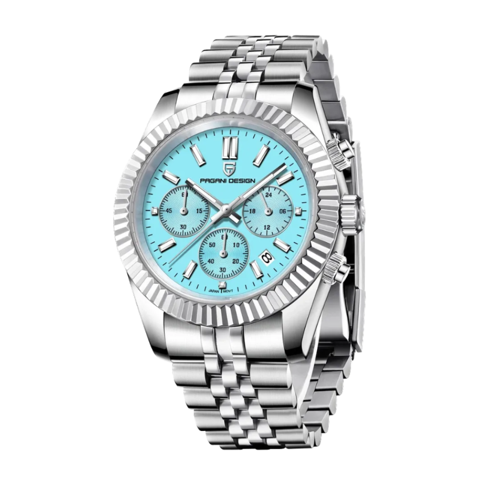 PAGANI DESIGN PD-1814 rattrapante chronograph with sky blue dial, front view