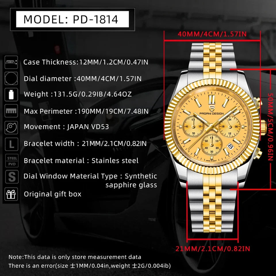 PAGANI DESIGN PD-1814 rattrapante watch specifications, 40mm case and Japan VD53 movement