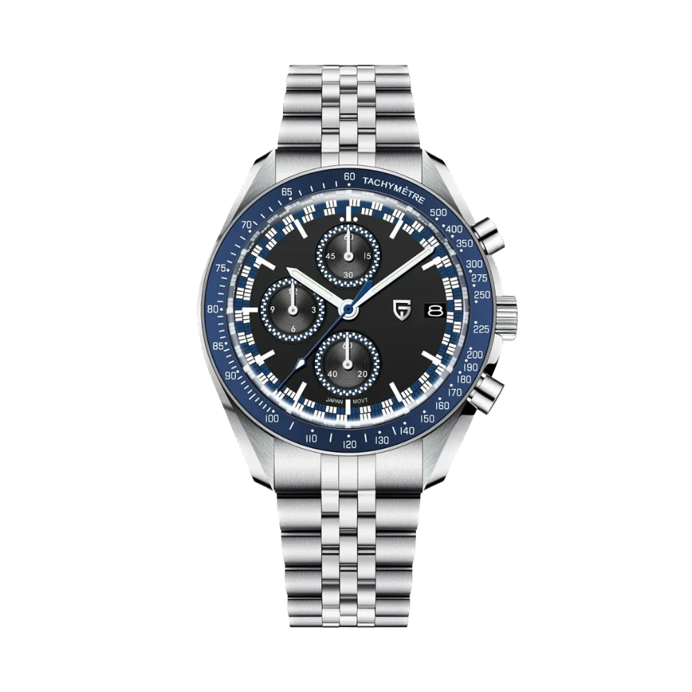 PAGANI DESIGN PD-1816 VK67 chronograph with blue bezel, black dial and steel bracelet, front view