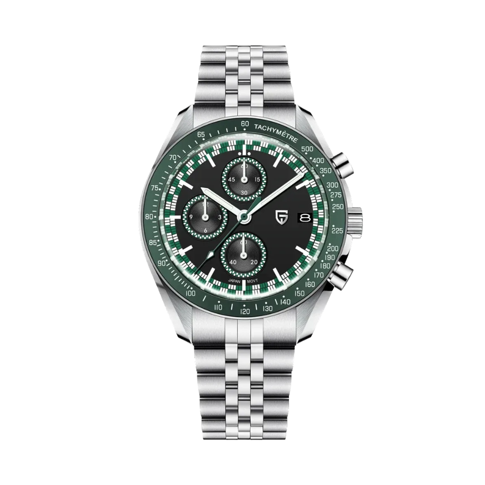 PAGANI DESIGN PD-1816 VK67 chronograph with green bezel, black dial and steel bracelet, front view
