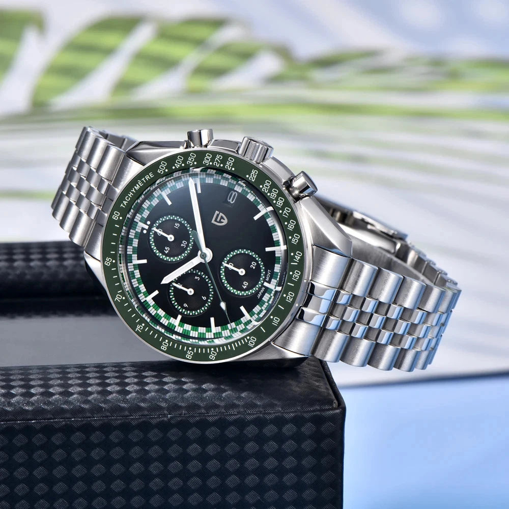 PAGANI DESIGN PD-1816 VK67 chronograph watch with green dial on steel bracelet, side angle