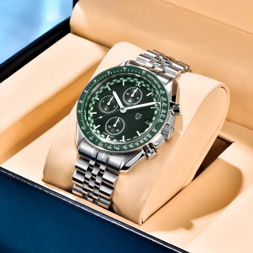 PAGANI DESIGN PD-1816 VK67 chronograph watch with green dial on steel bracelet displayed in presentation box