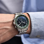 PAGANI DESIGN PD-1816 VK67 chronograph watch with green dial on steel bracelet, wrist shot