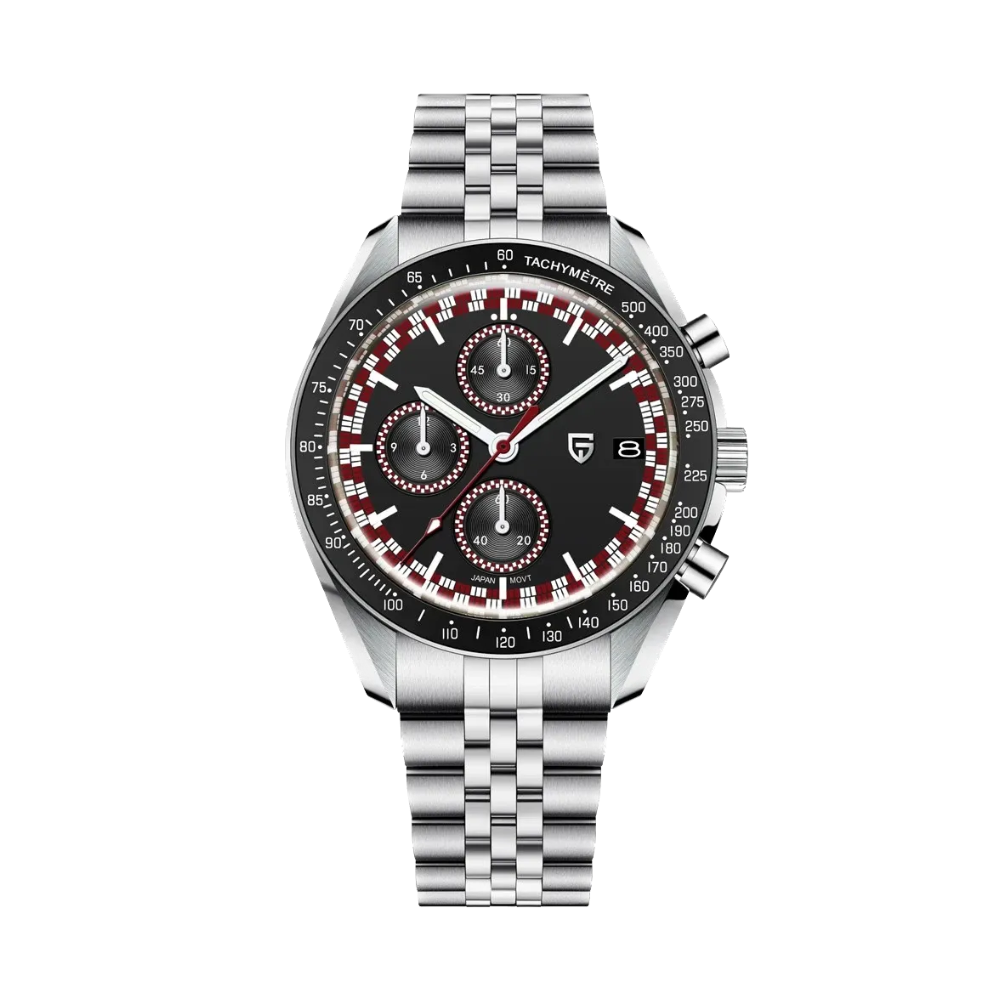 PAGANI DESIGN PD-1816 VK67 chronograph with red accent dial and steel bracelet, front view