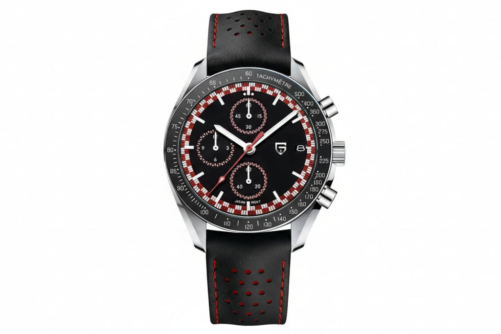 PAGANI DESIGN PD-1816 chronograph with black dial, red accents and perforated black leather strap