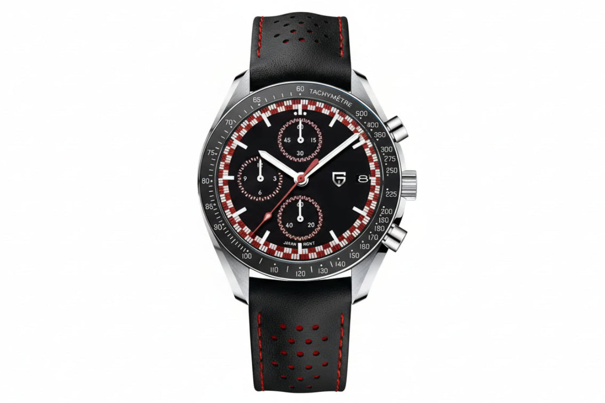PAGANI DESIGN PD-1816 chronograph with black dial, red accents and perforated black leather strap