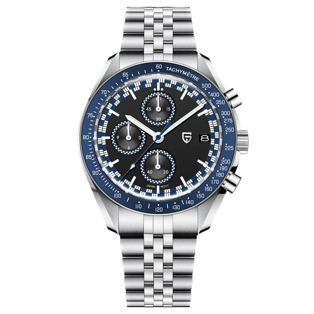 Pagani Design PD-1816 chronograph watch black dial blue tachymeter bezel stainless steel bracelet front view