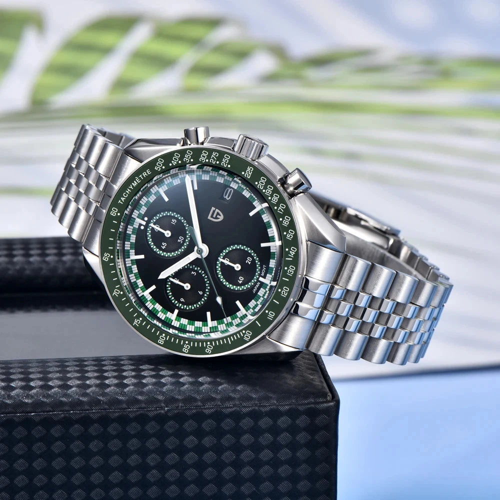 Pagani Design PD-1816 chronograph watch black dial green tachymeter bezel stainless steel bracelet display photo