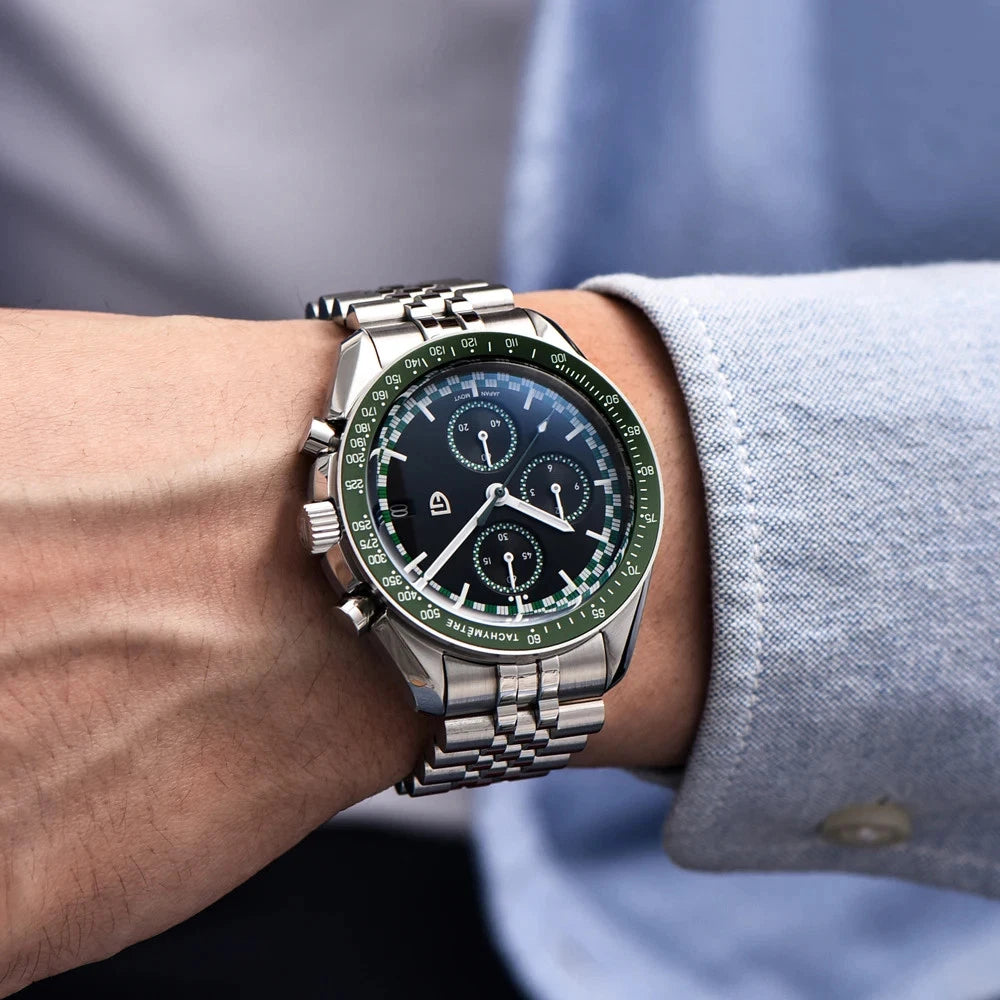 Wrist shot of Pagani Design PD-1816 chronograph watch black dial green bezel stainless steel bracelet