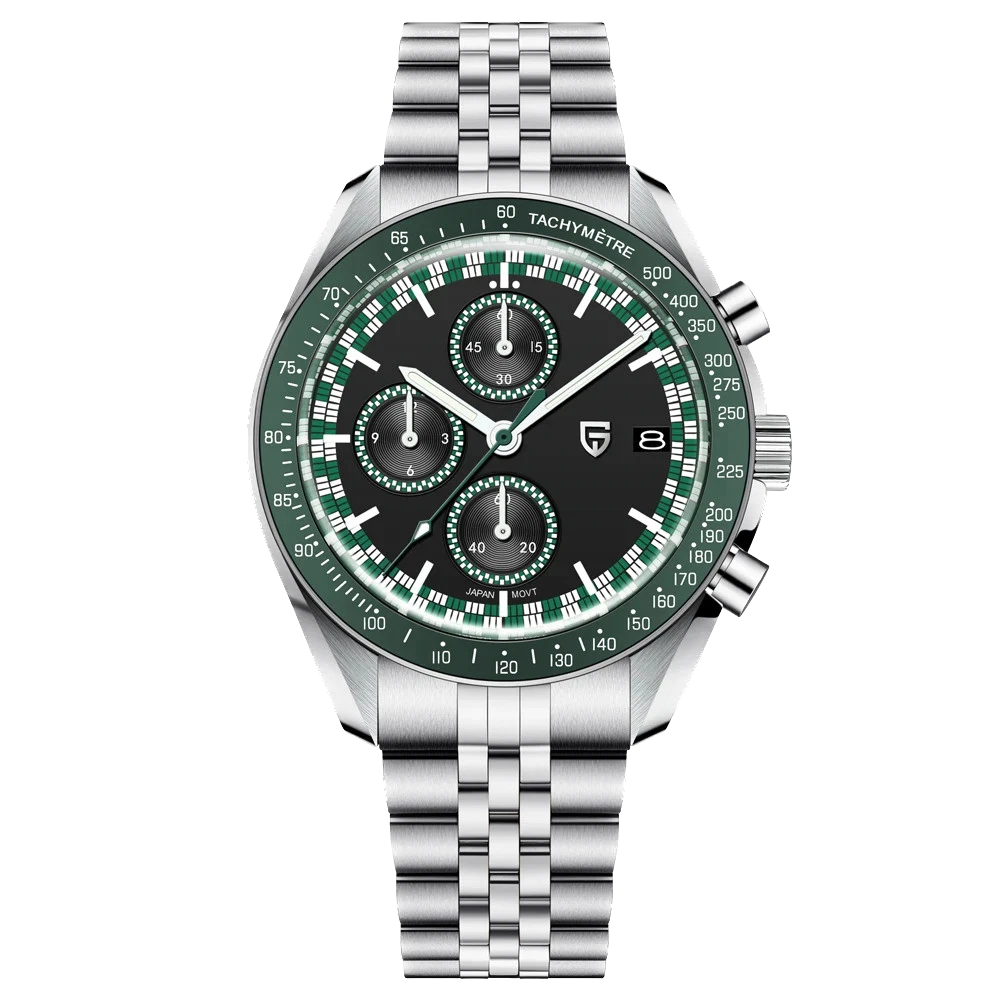 Pagani Design PD-1816 chronograph watch black dial green tachymeter bezel stainless steel bracelet front view