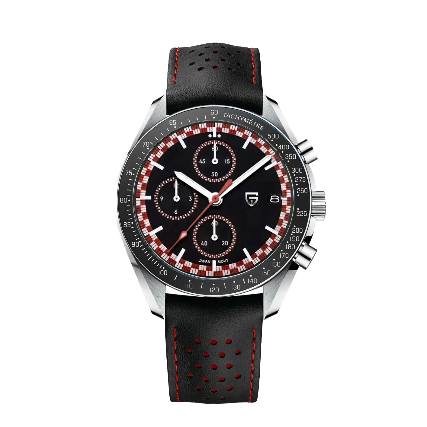 Pagani Design PD-1816 chronograph watch black dial red tachymeter bezel black leather strap front view