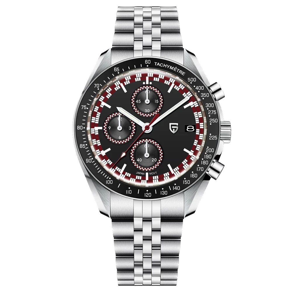 Pagani Design PD-1816 chronograph watch black dial red tachymeter bezel stainless steel bracelet front view
