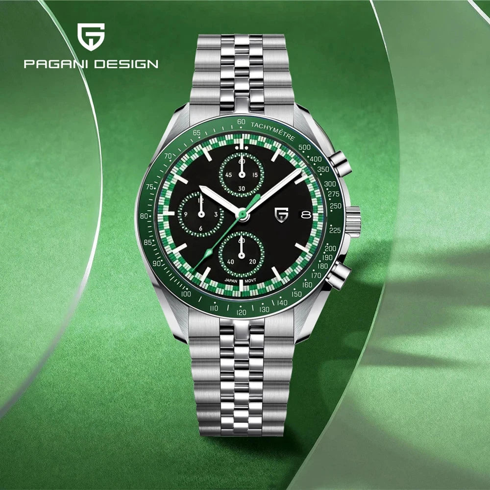 Pagani Design PD-1816 chronograph watch green tachymeter bezel black dial stainless steel bracelet green background poster