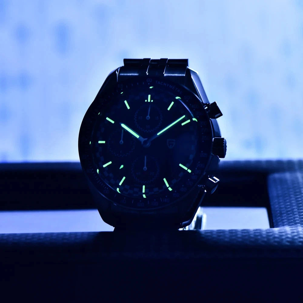 Pagani Design PD-1816 chronograph watch glow shot green luminous hands and markers stainless steel bracelet