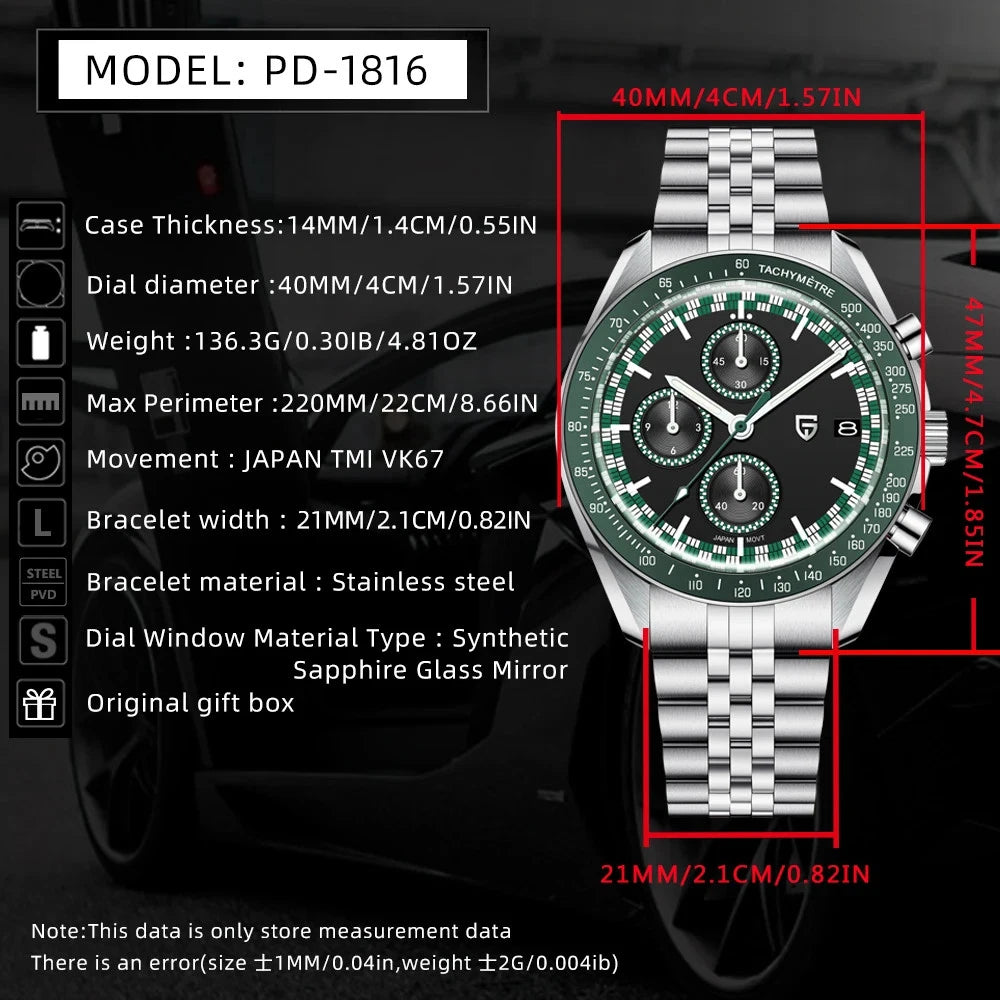 Specification infographic for Pagani Design PD-1816 chronograph watch showing case thickness dial diameter bracelet width