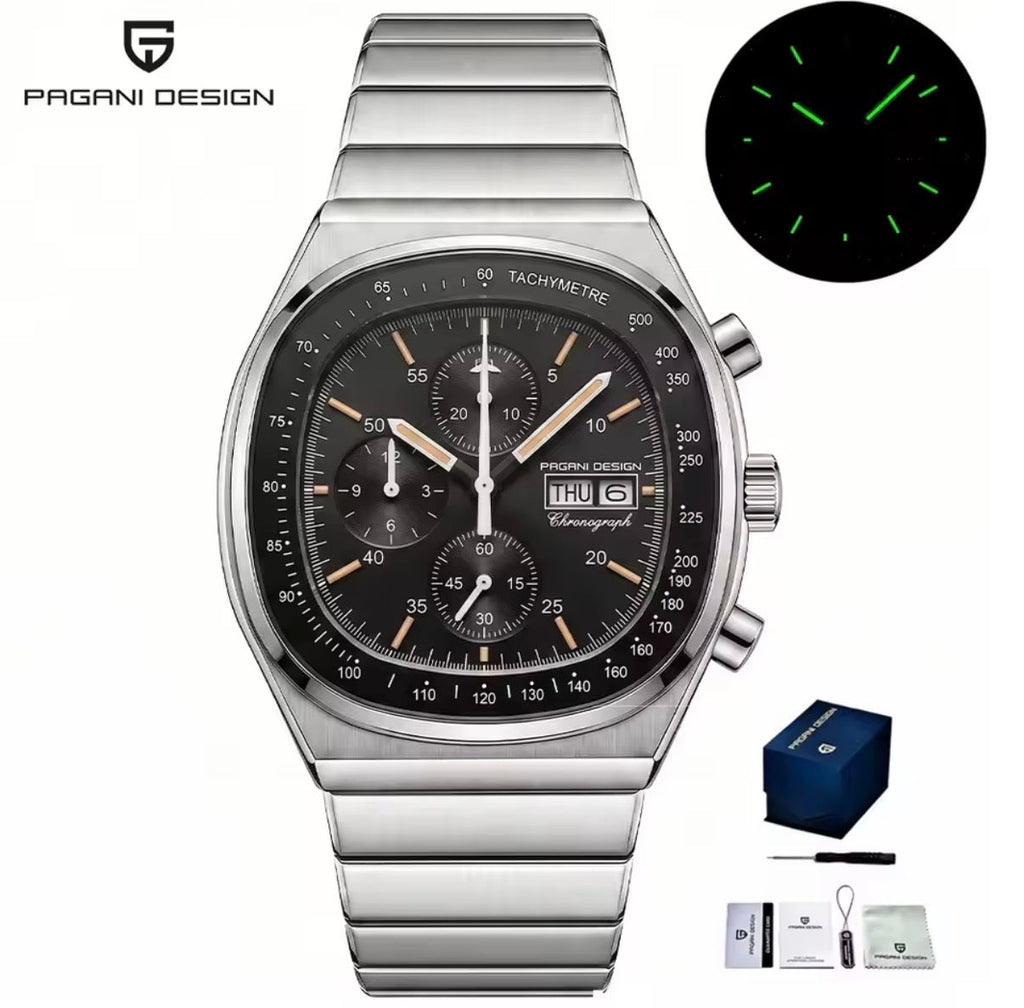 Pagani Design PD-1819 black dial 40mm chronograph on steel bracelet, with lume and gift box