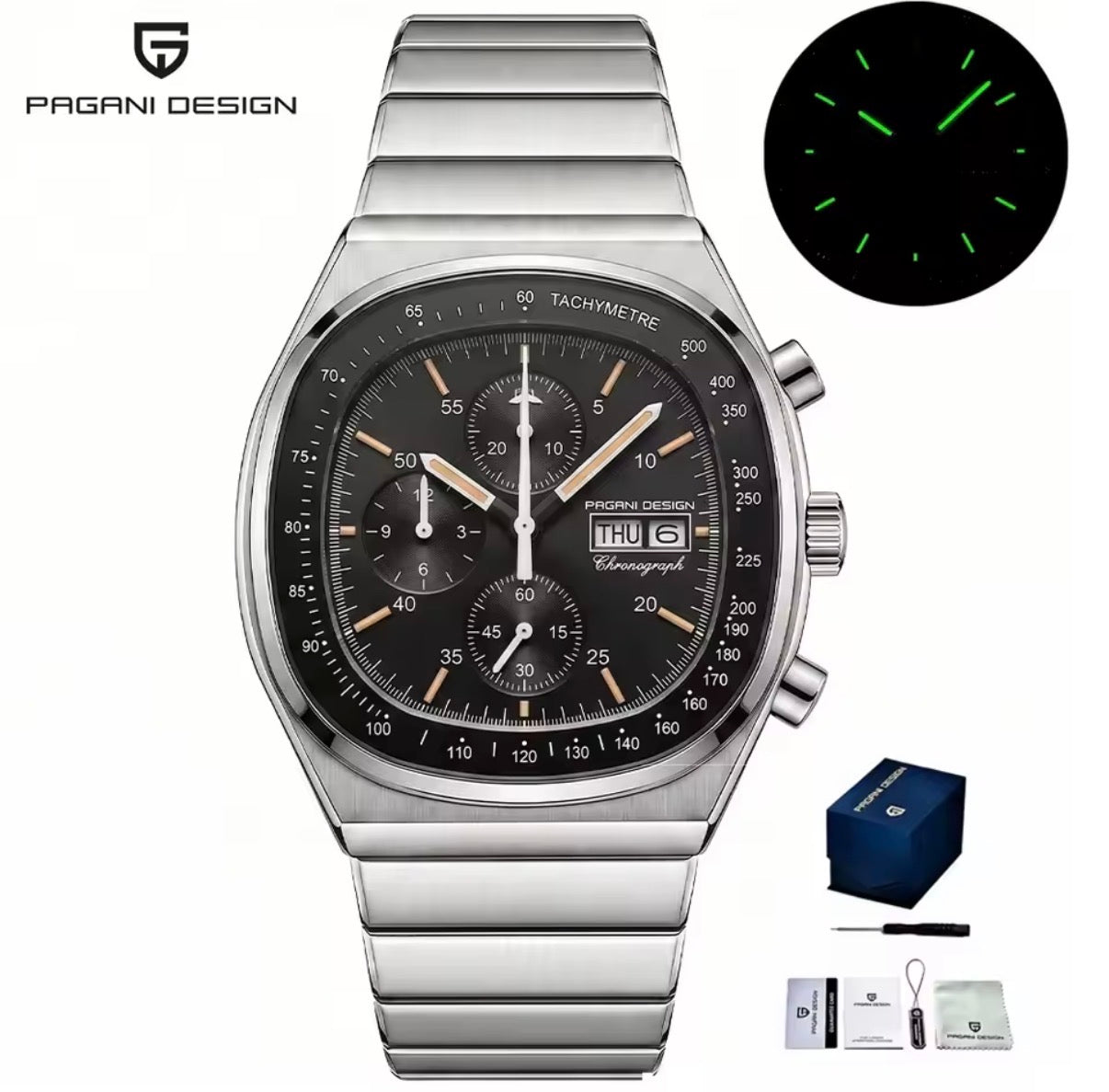 Pagani Design PD-1819 black dial 40mm chronograph on steel bracelet, with lume and gift box