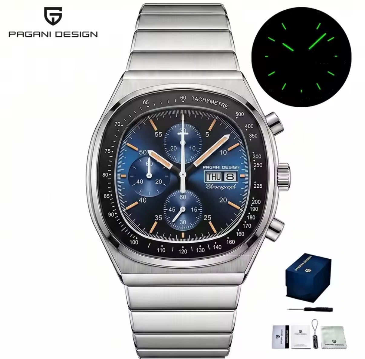 Pagani Design PD-1819 blue dial chronograph, integrated steel bracelet and day-date window