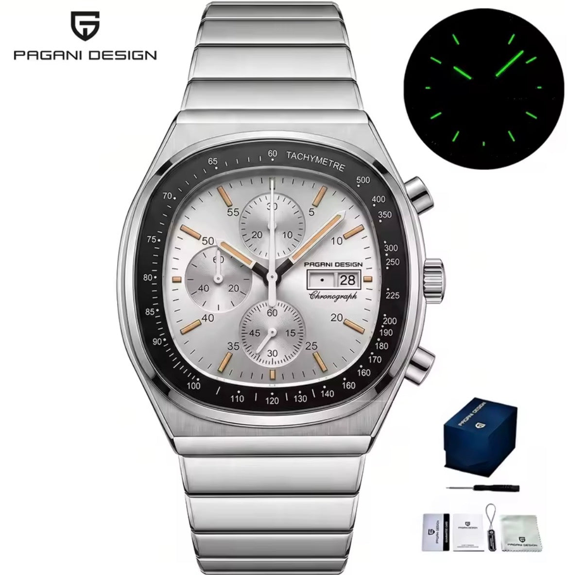 Pagani Design PD-1819 silver dial chronograph on a steel bracelet with lume detail inset