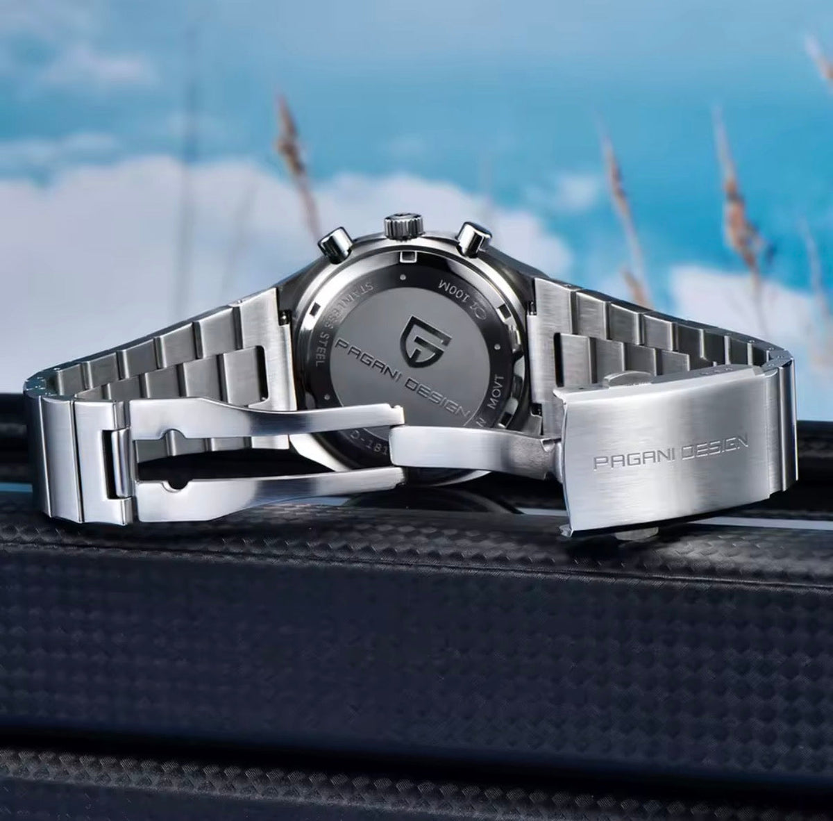 Pagani Design PD-1819 signed folding clasp and engraved steel caseback on the bracelet